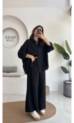 Roxy Gofre Gömlek Pantolon Takım - Siyah - 8008