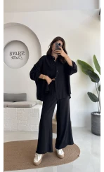 Roxy Gofre Gömlek Pantolon Takım - Siyah - 8008