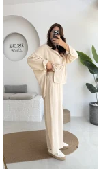 Roxy Gofre Gömlek Pantolon Takım - Taş - 8008