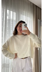 Rozalin Taşlı Kırık Beyaz Triko Kazak