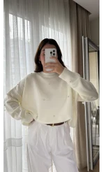 Rozalin Taşlı Kırık Beyaz Triko Kazak