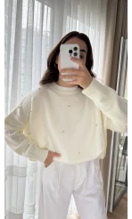 Rozalin Taşlı Kırık Beyaz Triko Kazak