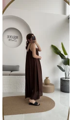 Ru Dökümlü Viskon Elbise - Kahve - 3013