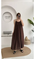 Ru Dökümlü Viskon Elbise - Kahve - 3013