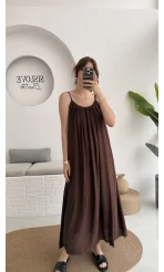 Ru Dökümlü Viskon Elbise - Kahve - 3013