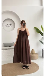 Ru Dökümlü Viskon Elbise - Kahve - 3013