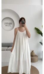 Ru Dökümlü Viskon Elbise - Kırık Beyaz - 3013