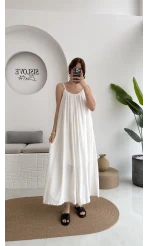 Ru Dökümlü Viskon Elbise - Kırık Beyaz - 3013