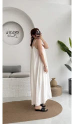 Ru Dökümlü Viskon Elbise - Kırık Beyaz - 3013