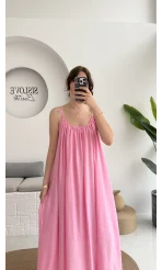 Ru Dökümlü Viskon Elbise - Pembe - 3013