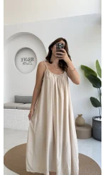 Ru Dökümlü Viskon Elbise - Taş - 3013