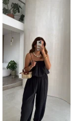Ruby Askılı Balon Bluz Şalvar Pantolon Takım - Antrasit - Kod: 581171