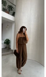 Ruby Askılı Balon Bluz Şalvar Pantolon Takım - Kahve - Kod: 581171