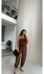 Ruby Askılı Balon Bluz Şalvar Pantolon Takım - Kahve - Kod: 581171