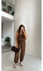Ruby Askılı Balon Bluz Şalvar Pantolon Takım - Kahve - Kod: 581171