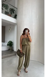Ruby Askılı Balon Bluz Şalvar Pantolon Takım - Yeşil - Kod: 581171