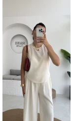 Ruby Sıfır Kol Bluz Pantolon Takım - Ekru - 7143