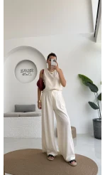 Ruby Sıfır Kol Bluz Pantolon Takım - Ekru - 7143