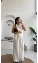 Ruby Sıfır Kol Bluz Pantolon Takım - Ekru - 7143