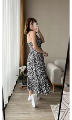 Russell Siyah Beyaz Midi Boy Elbise