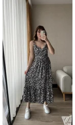 Russell Siyah Beyaz Midi Boy Elbise