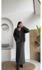 Saçaklı Hırka Elbise Takım - Antrasit - Kod: 9062-9063