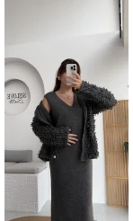 Saçaklı Hırka Elbise Takım - Antrasit - Kod: 9062-9063