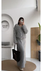 Saçaklı Hırka Elbise Takım - Gri - Kod: 9062-9063