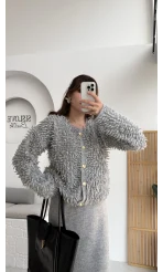 Saçaklı Hırka Elbise Takım - Gri - Kod: 9062-9063