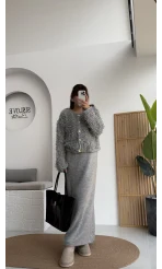 Saçaklı Hırka Elbise Takım - Gri - Kod: 9062-9063