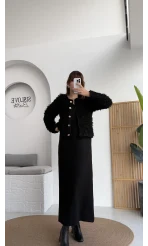 Saçaklı Hırka Elbise Takım - Siyah - Kod: 9062-9063