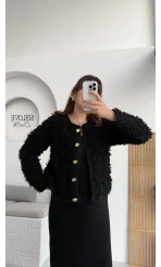 Saçaklı Hırka Elbise Takım - Siyah - Kod: 9062-9063