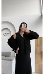 Saçaklı Hırka Elbise Takım - Siyah - Kod: 9062-9063