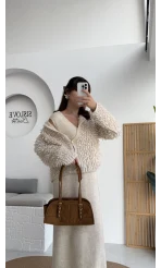 Saçaklı Hırka Elbise Takım - Taş - Kod: 9062-9063