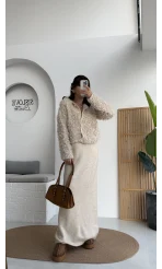 Saçaklı Hırka Elbise Takım - Taş - Kod: 9062-9063