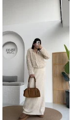 Saçaklı Hırka Elbise Takım - Taş - Kod: 9062-9063