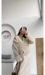 Saçaklı Hırka Elbise Takım - Taş - Kod: 9062-9063