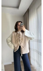 Sakallı Astarlı Tasarım Krem Yelek