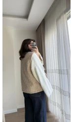 Sakallı Astarlı Tasarım Krem Yelek