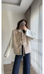 Sakallı Astarlı Tasarım Krem Yelek