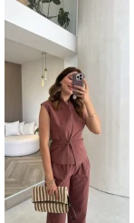 Şal Yaka Kemer Detay Yelek Takım - Kiremit - Kod: 9156