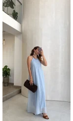 Şallı Askılı Elbise - Bebe Mavisi - Kod: 3428