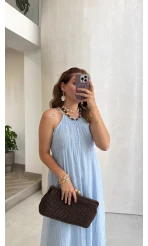 Şallı Askılı Elbise - Bebe Mavisi - Kod: 3428