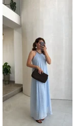 Şallı Askılı Elbise - Bebe Mavisi - Kod: 3428