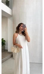Şallı Askılı Elbise - Beyaz - Kod: 3428