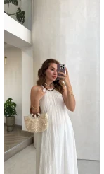 Şallı Askılı Elbise - Beyaz - Kod: 3428