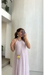 Şallı Askılı Elbise - Lila - Kod: 3428