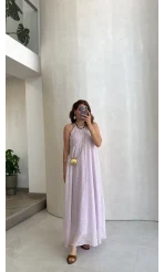 Şallı Askılı Elbise - Lila - Kod: 3428