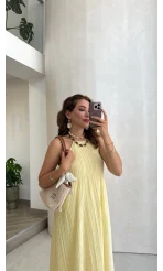 Şallı Askılı Elbise - Sarı - Kod: 3428