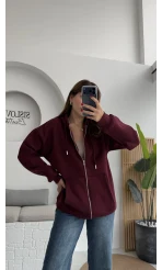 Samantha 3 İplik Fermuarlı Kapüşonlu Hırka - Bordo- Kod: 2992